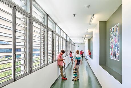 Modern mid-century Los Angeles school reuse has modified hallway circulation areas 