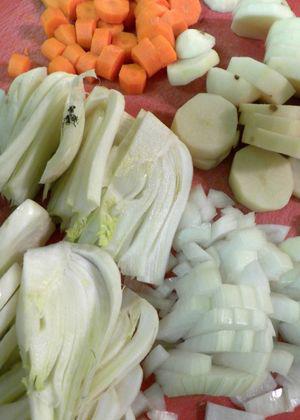 Leftover Chicken, Fennel & Sweet Potato Soup - Cut veggies