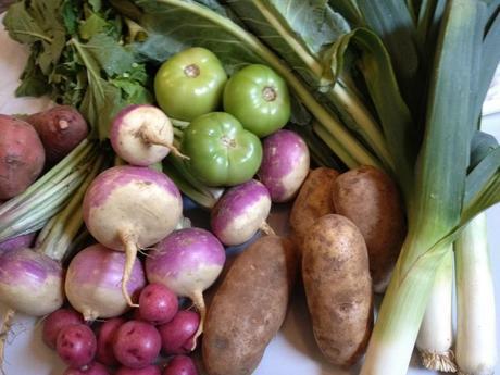 From the market: turnips, greens, leeks and potatoes