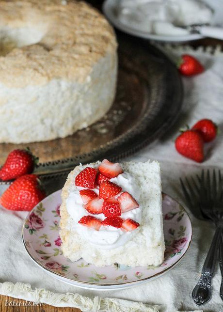 This Vanilla Bean Angel Food Cake is light and airy, with a pure vanilla scent from the vanilla beans flavoring the cake. It's the perfect light dessert when served with berries and whipped cream.