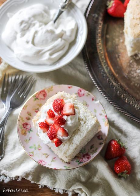 This Vanilla Bean Angel Food Cake is light and airy, with a pure vanilla scent from the vanilla beans flavoring the cake. It's the perfect light dessert when served with berries and whipped cream.