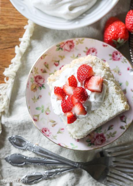 This Vanilla Bean Angel Food Cake is light and airy, with a pure vanilla scent from the vanilla beans flavoring the cake. It's the perfect light dessert when served with berries and whipped cream.