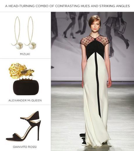 Styling Evening Gowns with Classic Accessories : Black and White gown styled with pearl twisted earrings black knot and stilletoes. 