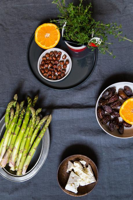 Raw asparagus salad with feta, dates, hazelnuts and kumquats