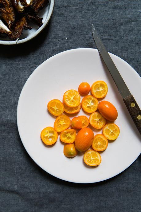 Raw asparagus salad with feta, dates, hazelnuts and kumquats