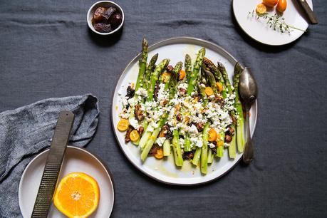 Raw asparagus salad with feta, dates, hazelnuts and kumquats