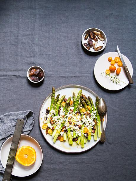 Raw asparagus salad with feta, dates, hazelnuts and kumquats