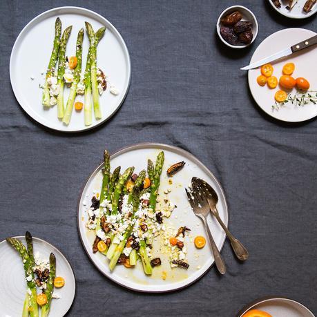 Raw asparagus salad with feta, dates, hazelnuts and kumquats