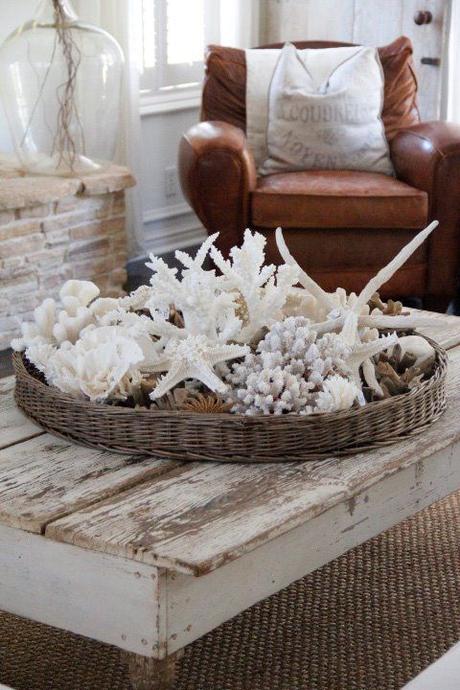 Use a wicker basket on coffee table and fill with shells for a summer/coastal look