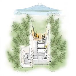 Floor plan for guest cabins at Hoshinoya Fuji Resort a luxury camping resort opening in Japan in October 2015, near Mt. Fuji. 