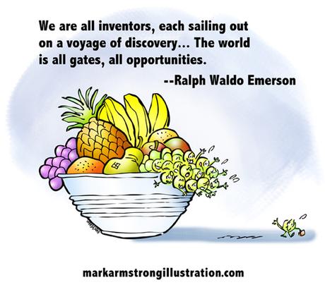 inventors sailing voyage of discovery world all gates opportunities quote, Ralph Waldo Emerson, grape waving goodbye, leaving safety of fruit bowl to make his way in world