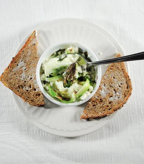 Baked Eggs with Shaved Asparagus and Feta Cheese