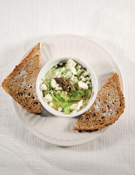 Baked Eggs with Shaved Asparagus and Feta Cheese