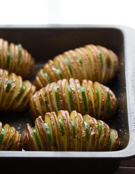 CHEESY JALAPEÑO HASSELBACK POTATOES WITH AVOCADO CREAM SAUCE Cheesy Jalapeño Hasselback Potatoes with Avocado Cream Sauce | sweetpeasandsaffron.com @sweetpeasaffron