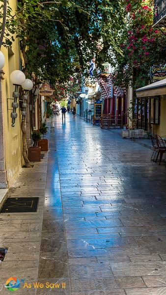 Pedestrian street in Nafplion, Greece, worn smooth by centuries of use