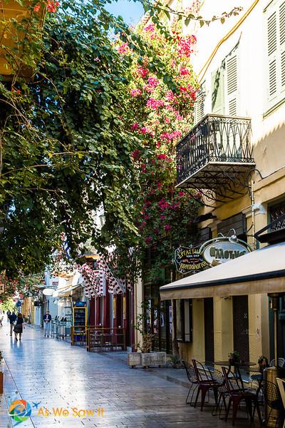 Street lined with restaurants in Nafplion, Greece