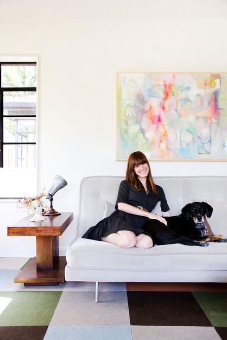 Allison Burke's Austin Home Renovation, Living Room sitting with dog Blue