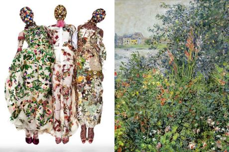 “Step and Repeat” editorial by Michael Thompson for W December 2013//Fleurs à Vétheuil (detail) by Claude Monet, 1881