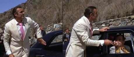 Bond Style – Cream Linen Suit in Vegas (Diamonds are Forever) The buttoned jacket keeps the tie in place. Unfortunately, Bond gets a bit overzealous about the buttoning.