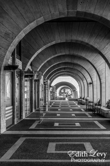 Tel Aviv, Israel, arches, graphic, promenade, black and white