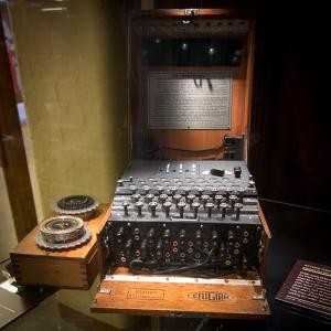 An Enigma machine on display at Bletchley Park