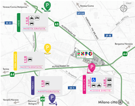 Where to park at the EXPO in Milan, Milano parking lots for the expo, shuttle bus for the expo in milan, shuttle bus from parking lot for Milan expo 2015