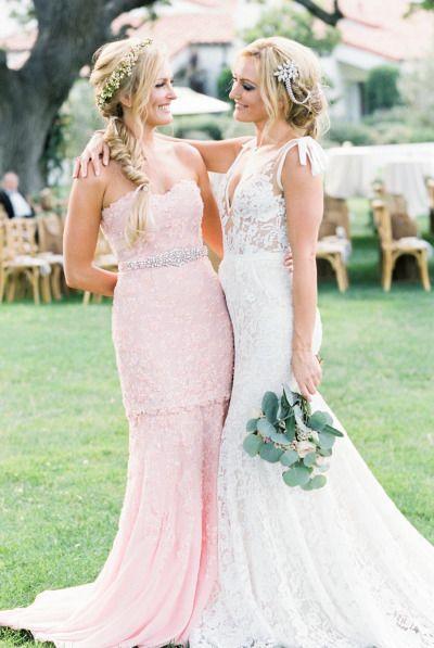 Pink lace bridesmaids dresses