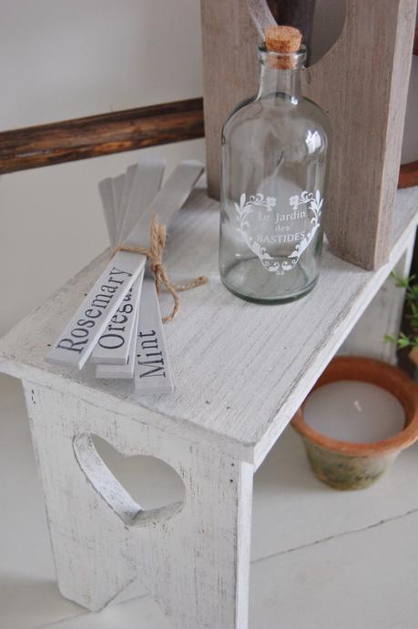 Herb Markers, Vintage style homeware, French Glass Bottle, Shabby Chic flower stool, Shabby Chic heart