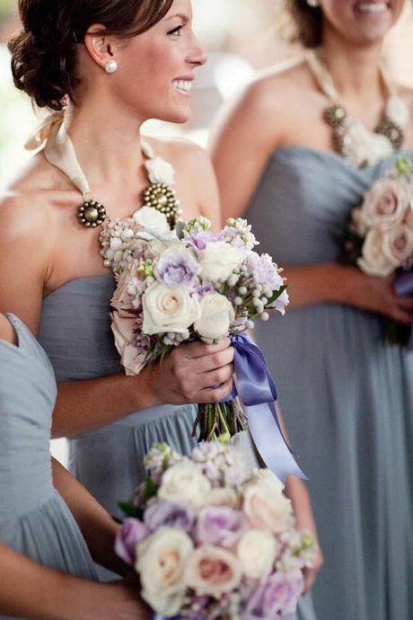 Beautiful Grey Bridesmaids with pops of lavender
