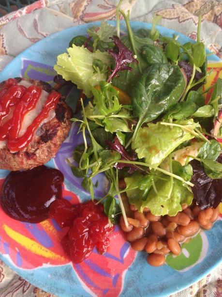 BBQ Dinner - fresh grilled burger from a local cow (kinda scary but also super fresh and organic - I like knowing where my meat comes from, lettuce from the CSA, baked beans and under the salad are baked sweet potato fries