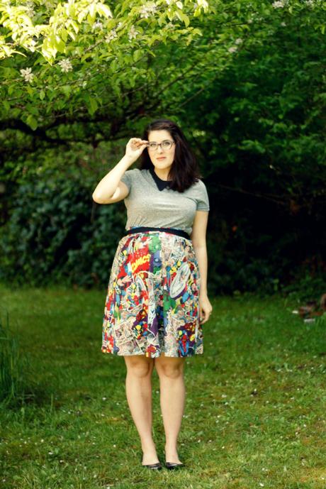 Marvel skirt, gray tee, and a detachable collar | www.eccentricowl.com