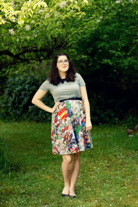 Marvel skirt, gray tee, and a detachable collar | www.eccentricowl.com