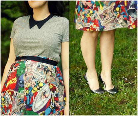 Marvel skirt, gray tee, and a detachable collar | www.eccentricowl.com