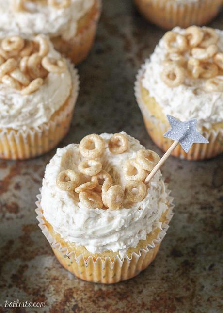 If you like Cheerios, you'll love these Honey Nut Cheerio Cupcakes! A soft honey cupcake made with cereal infused milk is topped with a Honey Nut Cheerio buttercream to create a treat you'll love.