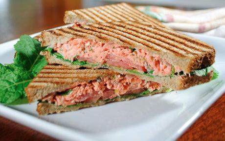 Salmon Panini with Goat Cheese, Kale and Tomatoes