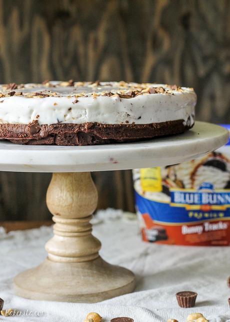 This Bunny Tracks Ice Cream Pie has a layer of rich, fudgy brownie, topped with peanut butter chocolate ganache and a thick layer of Bunny Tracks Ice Cream!