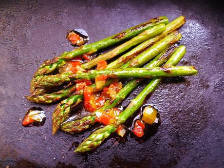 chargrilled asparagus with tomato, mint, chilli and lemon dressing