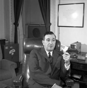 Science Advisor Jerome Wiesner sits in his office, 1 February 1963.  Photograph by Cecil Stoughton in the John F. Kennedy Presidential Library and Museum, Boston. Scanned from original 2 1/4
