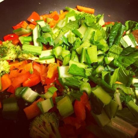 Bright coloured vegetables in our pasta sauce