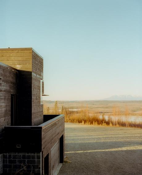 Exterior view of modernist charred cedar cabin
