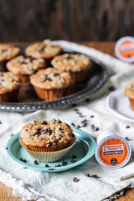 These Coffee Chocolate Chip Streusel Muffins are made with fresh Dunkin' Donuts coffee, filled with chocolate chips, and topped with a delicious streusel crumb topping!