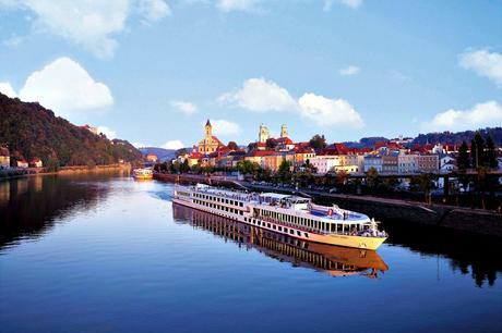 Viking River Cruise Ship on Danube with Passau in the background