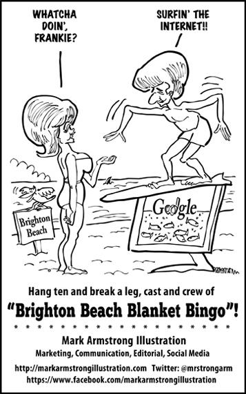 program ad for Brighton Beach Memoirs Frankie Avalon Annette Funicello on Brighton Beach parody of 1960s beach movies surfboard on computer with Google landing page joke surfing internet with shark seagull