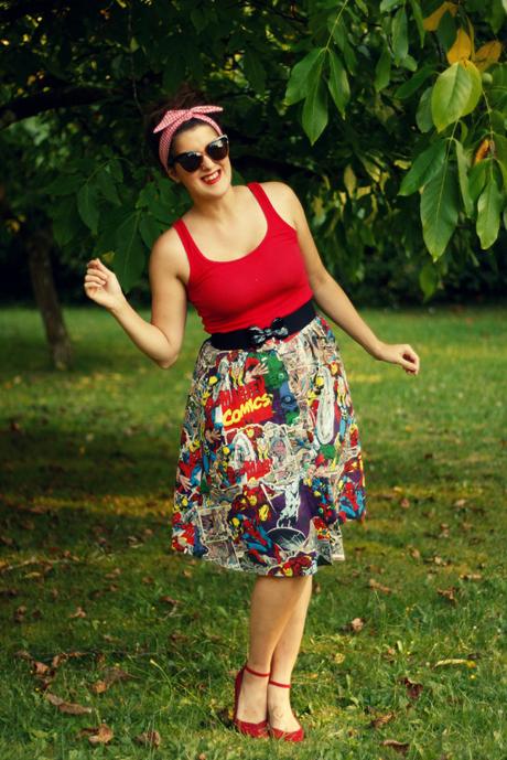 Marvel skirt, red tank top, and retro sunglasses | www.eccentricowl.com