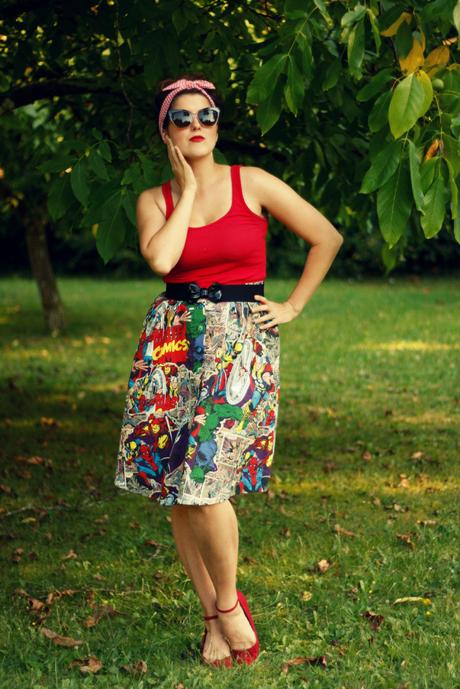 Marvel skirt, red tank top, and retro sunglasses | www.eccentricowl.com