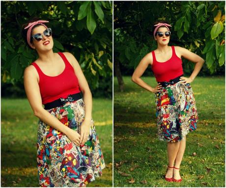 Marvel skirt, red tank top, and retro sunglasses | www.eccentricowl.com