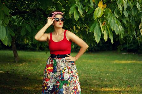 Marvel skirt, red tank top, and retro sunglasses | www.eccentricowl.com