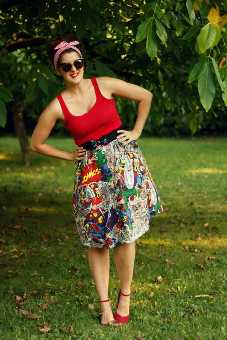 Marvel skirt, red tank top, and retro sunglasses | www.eccentricowl.com