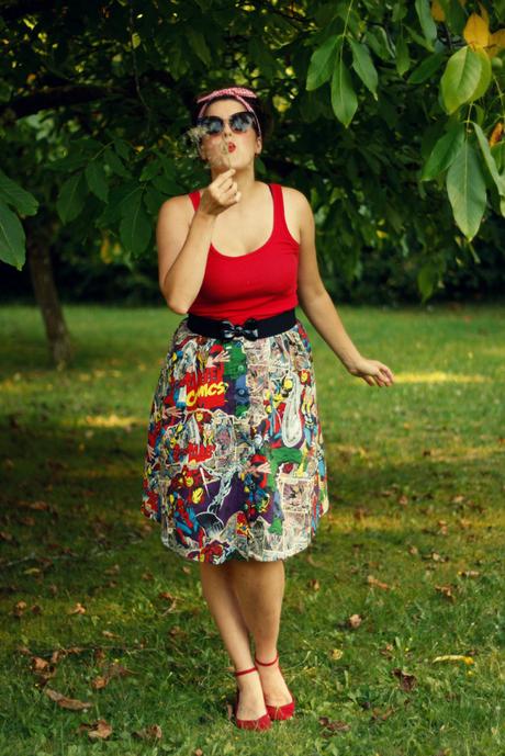 Marvel skirt, red tank top, and retro sunglasses | www.eccentricowl.com