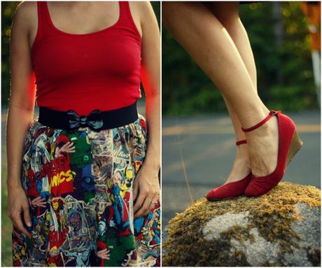 Marvel skirt, red tank top, and retro sunglasses | www.eccentricowl.com